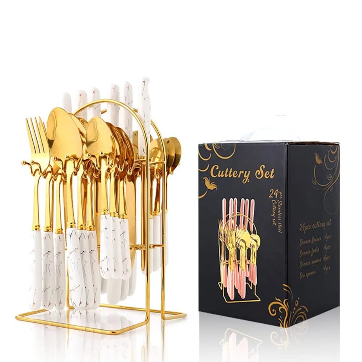 Picture of طقم أدوات مائدة انيق يتميز بمقابض بيضاء رخامية (ملاعق شوكه سكين )